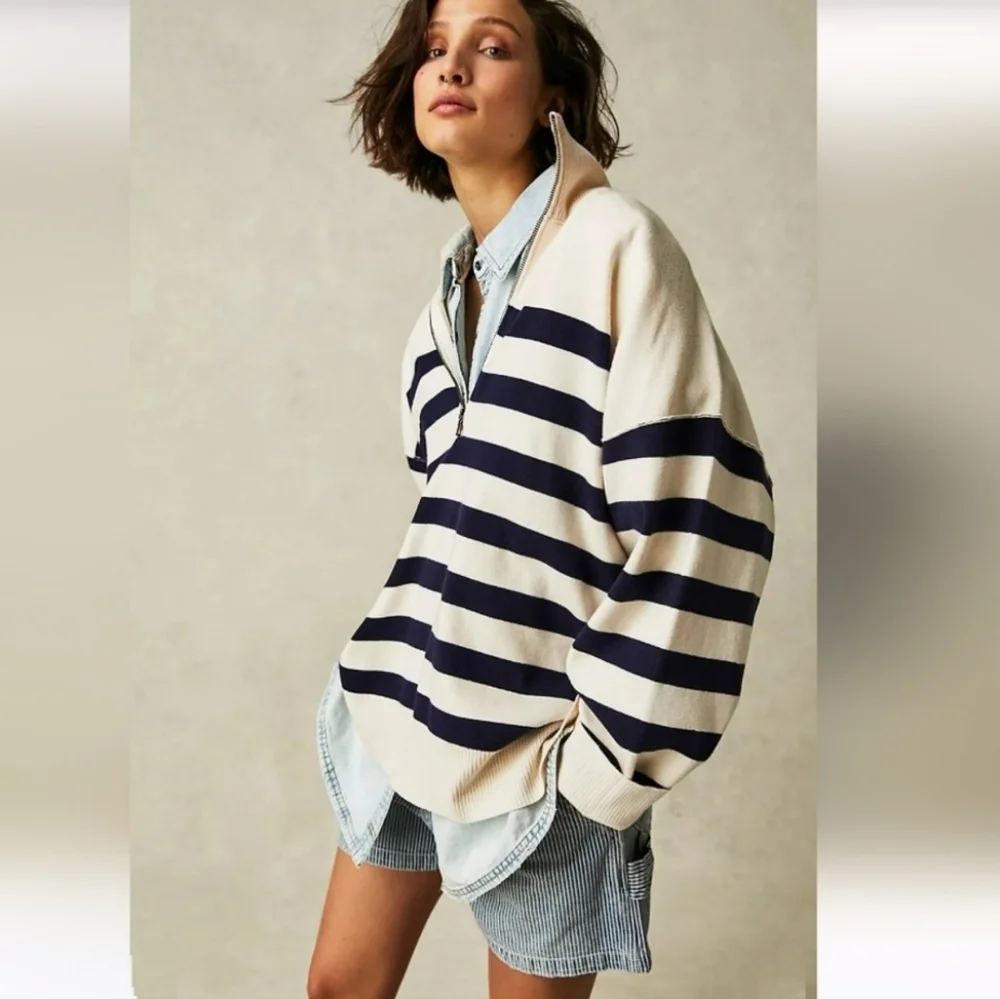FREE PEOPLE Coastal Navy Cream Navy Striped Half Zip Pullover NWT